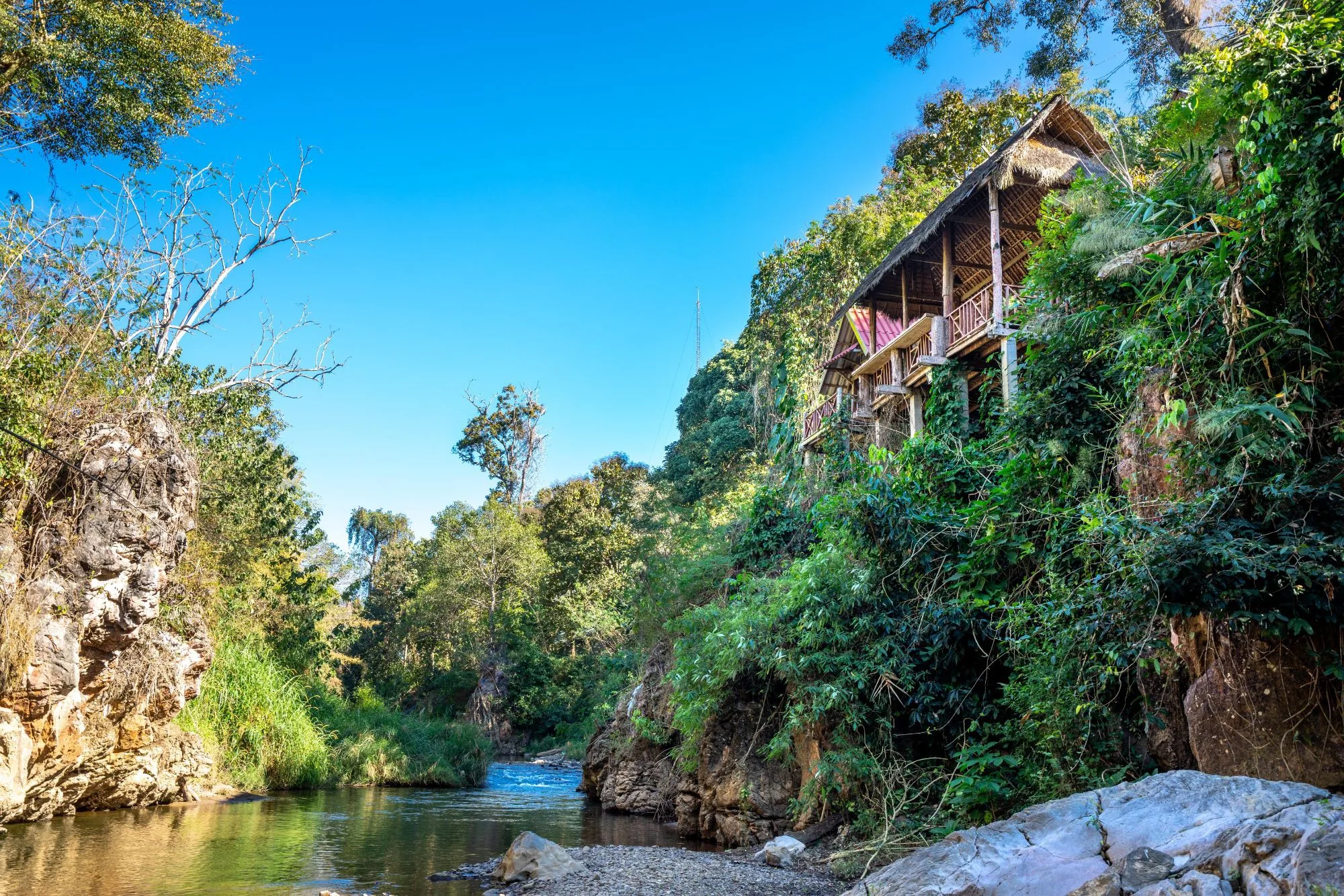 The Aerie riverside villa rising above the river in green forest