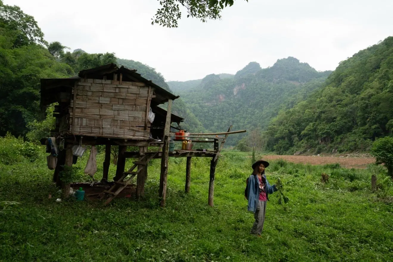 Hill tribe village hut below limestone peaks